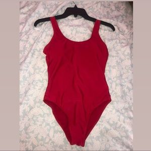 Red one piece swim suit with low back!